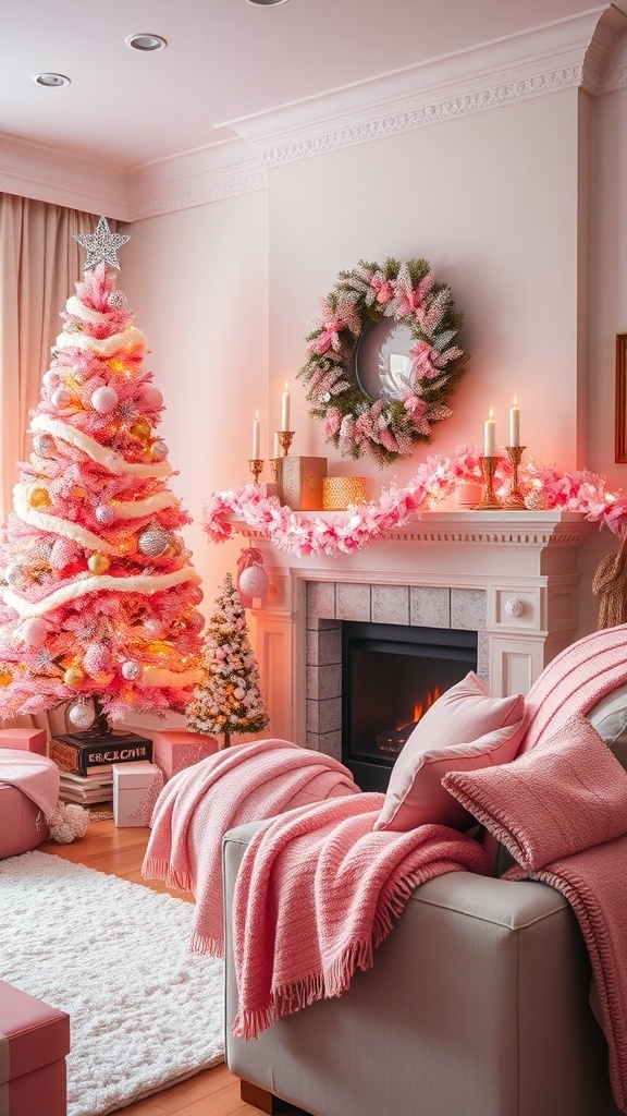 Pink Christmas Living Room Decor Ideas A pink-themed Christmas living room with a decorated tree, garlands, and cozy throws.